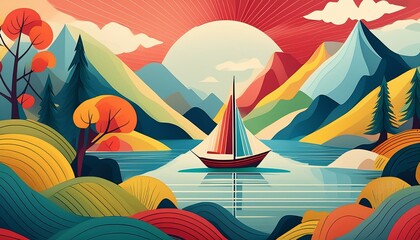 A boat sailing on the lake, colorful flat illustration style.	