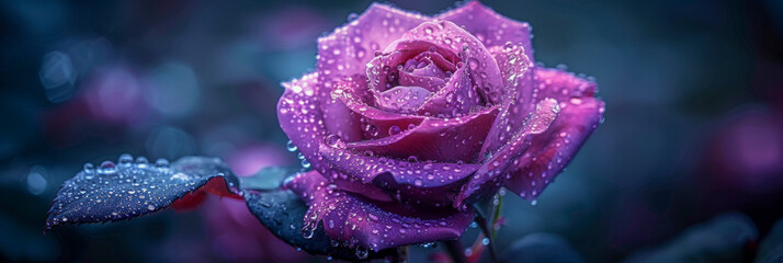 A purple rose with dew drops on it