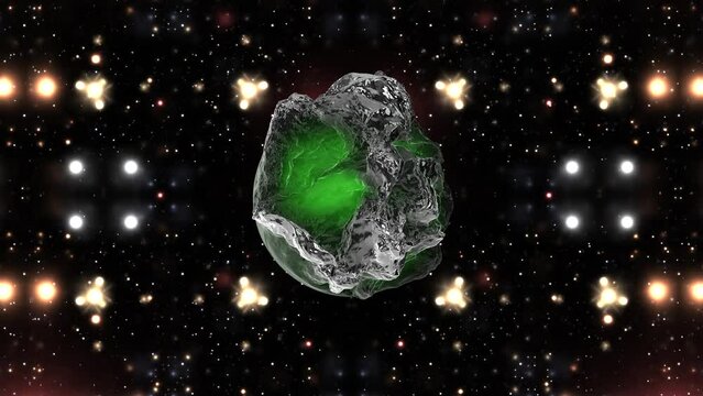 A dark green vortex sphere that trying to transform to something different is floating in a dark space with many stars. The sphere is surrounded by a bright light that illuminates it