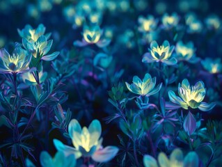 A field of bioluminescent plants that glow with an otherworldly light, casting long, ethereal shadows  