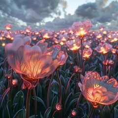 A field of giant, luminous flowers that bloom with swirling clouds of mist instead of petals  