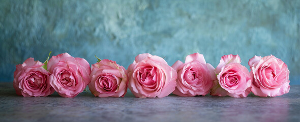 Beautiful arrangement of pink roses against a vibrant blue background, with one in the center surrounded by others