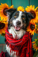 Playful Border Collie Wrapped in Red Scarf With Vibrant Sunflowers