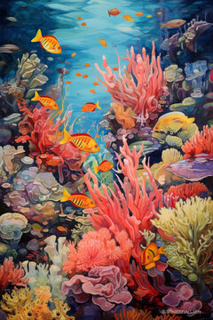 Beautiful underwater watercolor scene with fishes