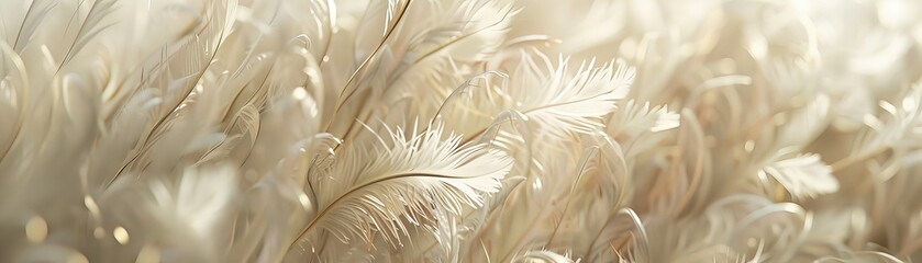 A field of meticulously arranged feathers in shades of cream and ivory, accented with delicate gold threads  