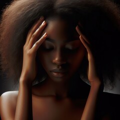 A young african woman portrait having a headache, with the rim light. The background is black