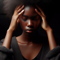 A young african woman portrait having a headache, with the rim light. The background is black