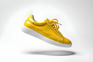 Flying yellow leather womens sneaker isolated on white background. Fashionable stylish sports casual shoes. Creative minimalistic layout with footwear. Mock up for design advertising for shoe store - obrazy, fototapety, plakaty