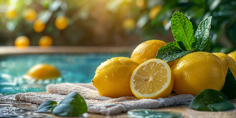 A bunch of lemons and mint leaves are on a table next to a pool