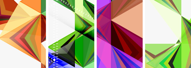 A vibrant collage of colorful geometric shapes such as rectangles, triangles, and patterns in shades of purple, magenta, and tints creates a symmetrical and artistic display on a white background