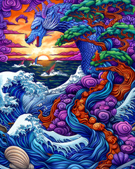 A painting of a dragon and a tree with purple and blue colors