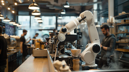 A robot barista at a trendy coffee shop crafting perfect latte art with a mechanical precision arm