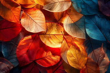 A colorful collection of leaves with a bright orange leaf in the middle