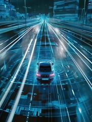 car driving on the highway, surrounded by modern technology