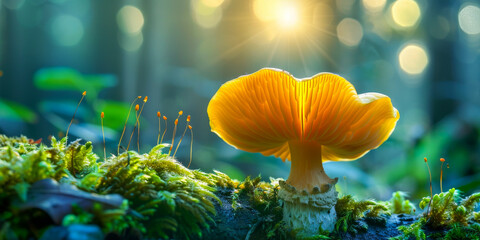 A mushroom is sitting on a mossy log in the shade