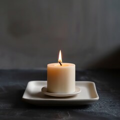 candle burning sitting on a ceramic modern tray