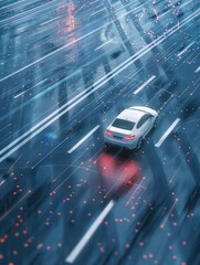 car driving on the highway, surrounded by modern technology