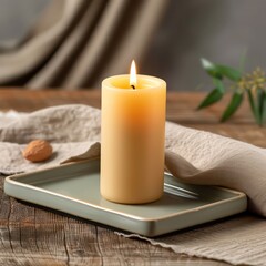 candle burning sitting on a ceramic modern tray