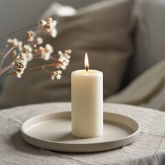 candle burning sitting on a ceramic modern tray