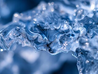Close-up of a glistening and abstract water structure with intricate details and a cool blue tone.