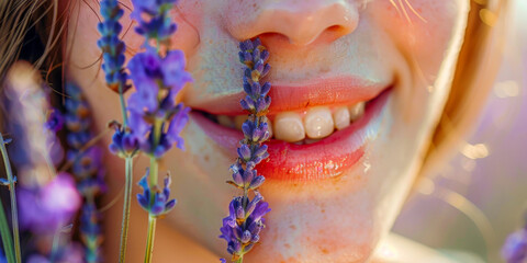 Woman's Smile with Lavender Blooms Close Up, Vibrant Summer Beauty Concept