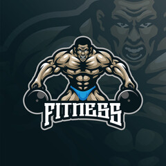 Fitness mascot logo design vector with modern illustration concept style for badge, emblem and t shirt printing. Fitness illustration with barbell in hand.