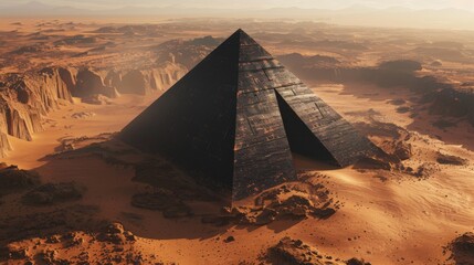 A monolithic black pyramid casting a perfectly symmetrical shadow across a Martian landscape dotted with advanced mining outposts  
