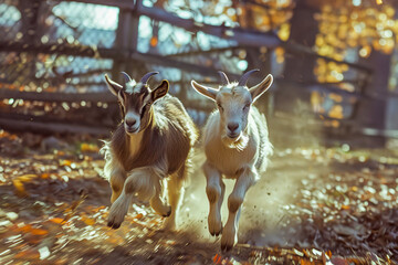 Playful Goats Galloping in Autumn Leaves at Sunset