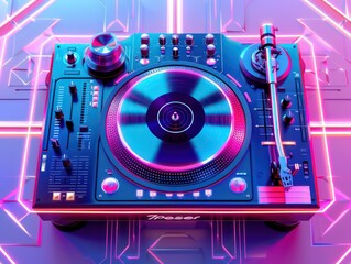 vibrant DJ turntable surrounded by neon lights and geometric patterns