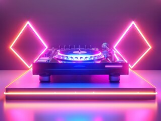 vibrant DJ turntable surrounded by neon lights and geometric patterns