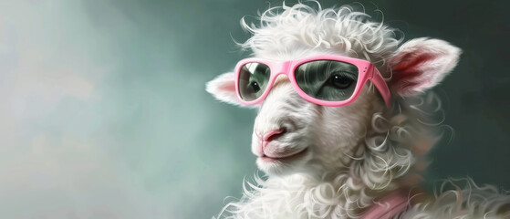 Fototapeta premium Elegant sheep wearing pink sunglasses, showcasing a fluffy white coat and a subtle smile against a soft green gradient background