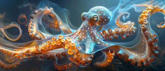 Majestic octopus in an ethereal underwater scene, displaying a complex pattern of blue and orange textures across its sprawling tentacles and body