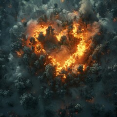 A photorealistic image of a forest fire forming the shape of a broken heart, with smoke rising in the form of tears  