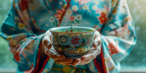 Woman in Traditional Kimono Holding a Decorative Tea Bowl