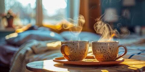 Two cups of coffee on a table with steam rising from them