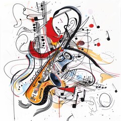 scribble design musical instruments such as guitars, saxophones, and notes intertwined in an abstract layout