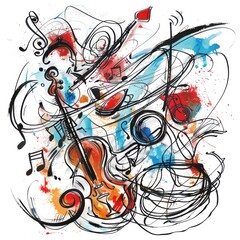 scribble design musical instruments such as guitars, saxophones, and notes intertwined in an abstract layout