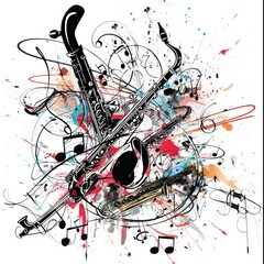 scribble design musical instruments such as guitars, saxophones, and notes intertwined in an abstract layout