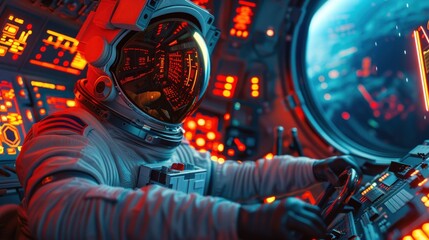 A man in a space suit is sitting in a cockpit of a spaceship
