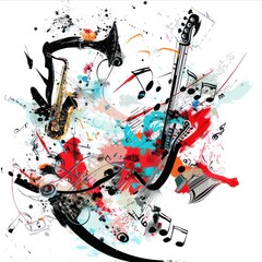 scribble design musical instruments such as guitars, saxophones, and notes intertwined in an abstract layout