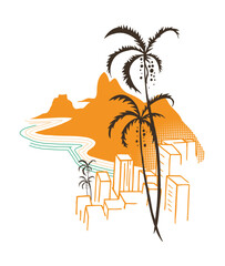 Colorful vector illustration of graphical representation of Rio de Janeiro city landscape, Brazil. View of Pão de Açúcar and buildings. Stylized art representing the current moment.