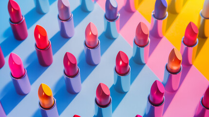variety and beauty of different shades of lipstick for makeup product photography. The lipsticks are arranged in the style of geometric shapes 