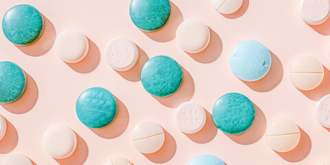 A row of colorful pills and cookies are arranged on a pink background
