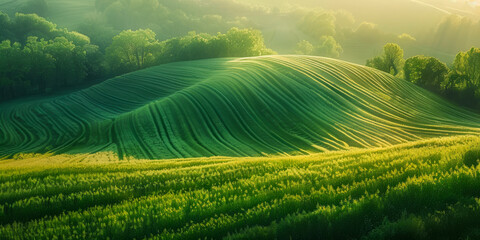 A lush green field with a hill in the background - Powered by Adobe