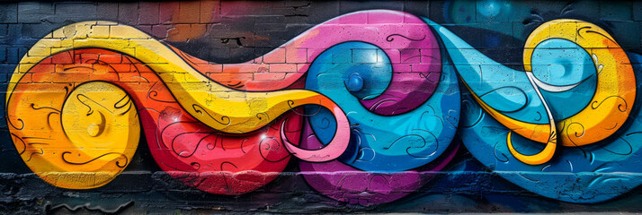 Colorful Urban Street Art of Abstract Waves on Brick Wall