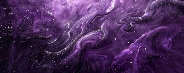 Abstract swirls of ink in shades of deep purple, accented with splatters of metallic silver  