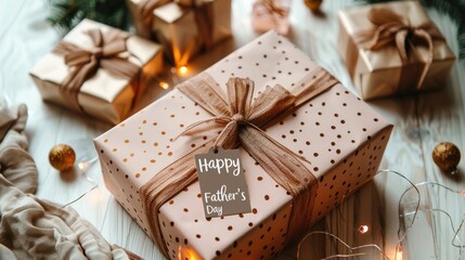 gift box and greeting card with text "Happy Father's Day" on white table.