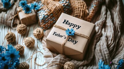 gift box and greeting card with text "Happy Father's Day" on white table.