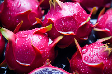 Fresh Wet Dragon Fruit Close Up with Vivid Colors and Dew Drops