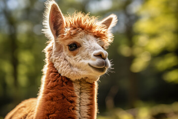 Naklejka premium A baby llama with a fluffy brown mane and a white face